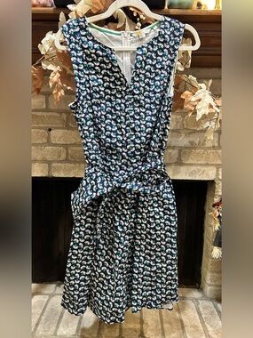 Boden Navy Floral Sleeveless Tie-Waist Dress with White and Teal Accents EUC